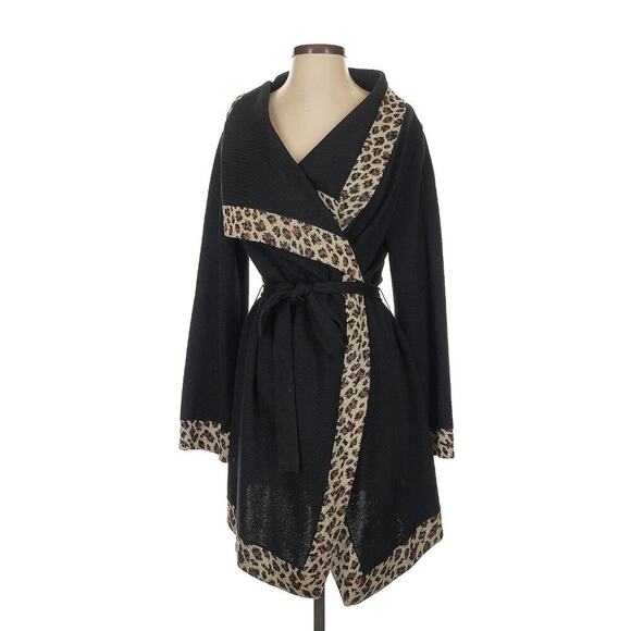 St. John Collection Black Jacket Wrap Wool Robe Shawl Leopard Animal Print Small